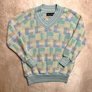 Vintage 80s John Ashpool Geometric Checkered Knit Sweater Multicolor Lightweight